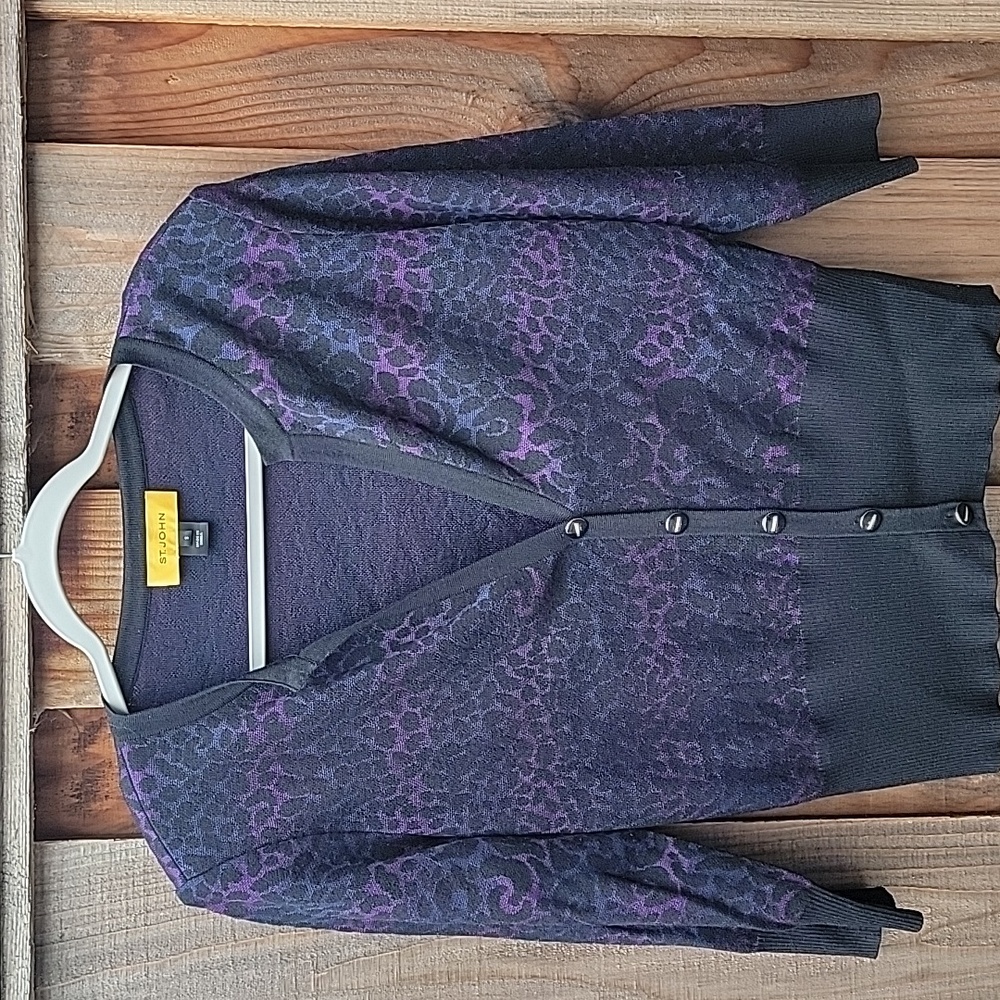 St. John Collection Animal print purple black cardigan sweater knitwear V-neck